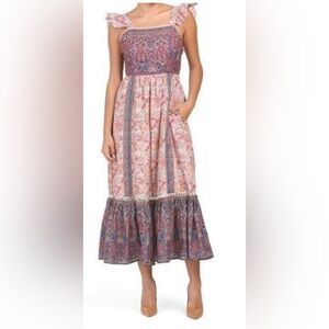 Haute Hippie Boho Peasant Fairy Whimsical Flutter Sleeve Paisley Maxi Dress